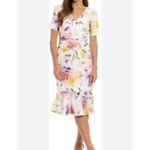 LONDON TIMES Floral Twist Front Short Sleeve Midi Cocktail Dress Sz‎ 10 Wedding